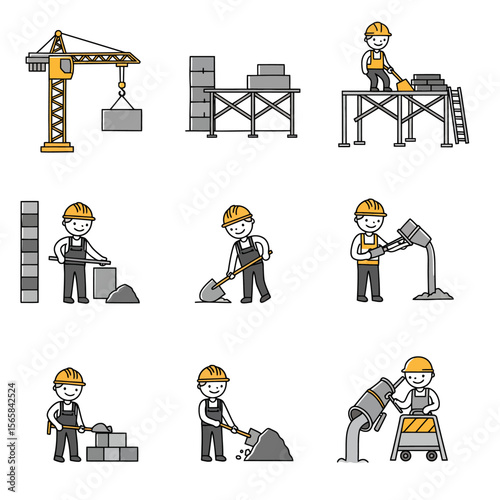 Construction workers performing various tasks, including lifting, bricklaying, and mixing concrete on a building site.