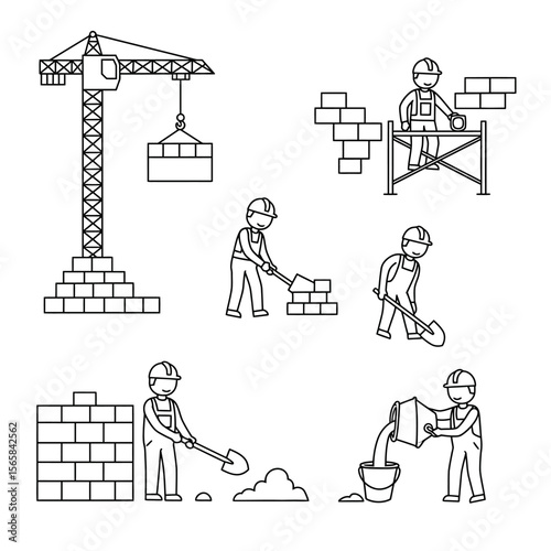 Line art illustration depicting construction workers building with bricks, using a crane, shovels, and mixing cement.
