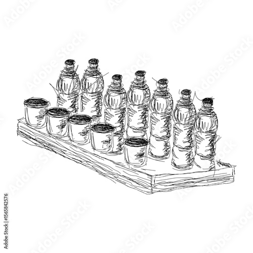 Sketch of Water Bottles and Cups on a Tray