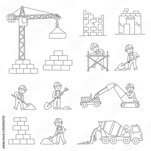 Construction site illustration featuring a crane, bricks, workers, and machinery.