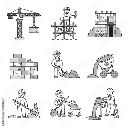 Construction workers and equipment engaged in various building phases, including bricklaying, foundation work, and concrete pouring.