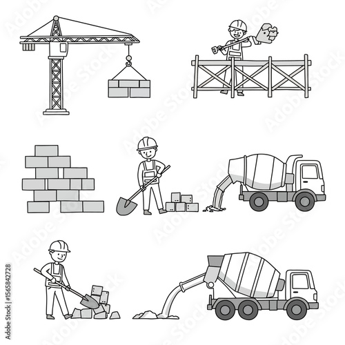 Construction workers and equipment engaged in various building activities.