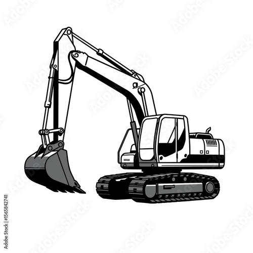 A black and white illustration of an excavator with a raised bucket, shown in a side view.