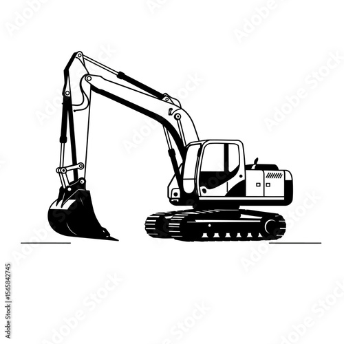 A black and white illustration of a powerful excavator, ready for digging.
