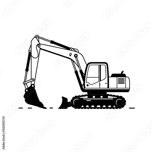 Black and white line drawing of an excavator with a bucket, treaded wheels, and a cabin.