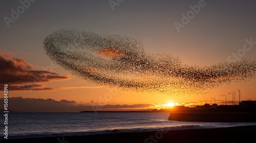 Flock of birds flying over ocean at vibrant sunset near coast