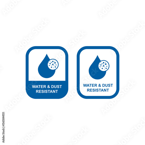 Water and dust resistant label with drop and particle icon. Ideal for outdoor gear and electronics. Clean vector design.