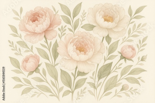 Wallpaper Mural Delicate watercolor peony bouquet with sage green foliage arranged in soft pastel yellow tones Torontodigital.ca