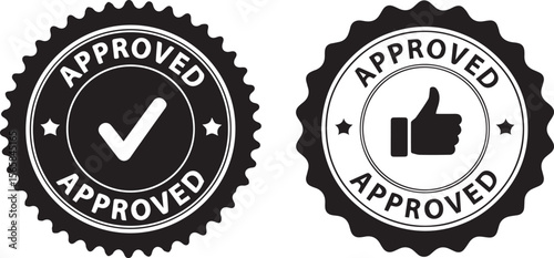 "APPROVED" stamp with check mark and thumbs up on white background