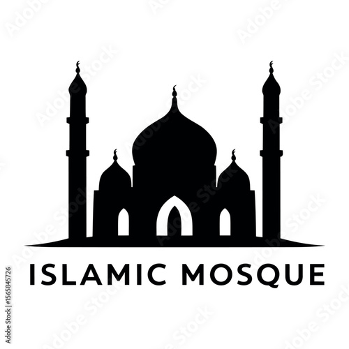 Stylized black silhouette of an islamic mosque with arabic text