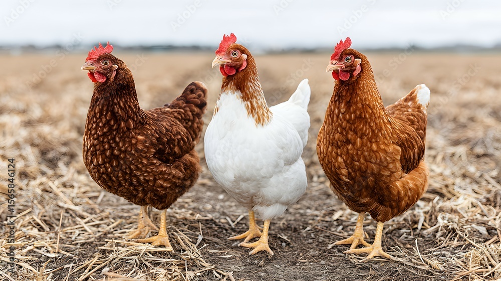 Fototapeta premium Three chickens stand in a field with dry grass and blurred background.