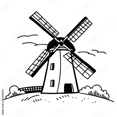 Hand Drawn Windmill Vector Illustration Rural Farm Scene