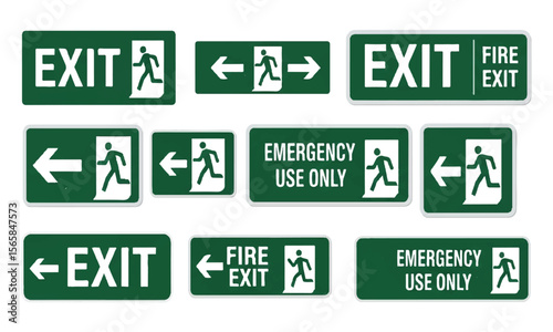 Set of emergency exit signs with running man symbol