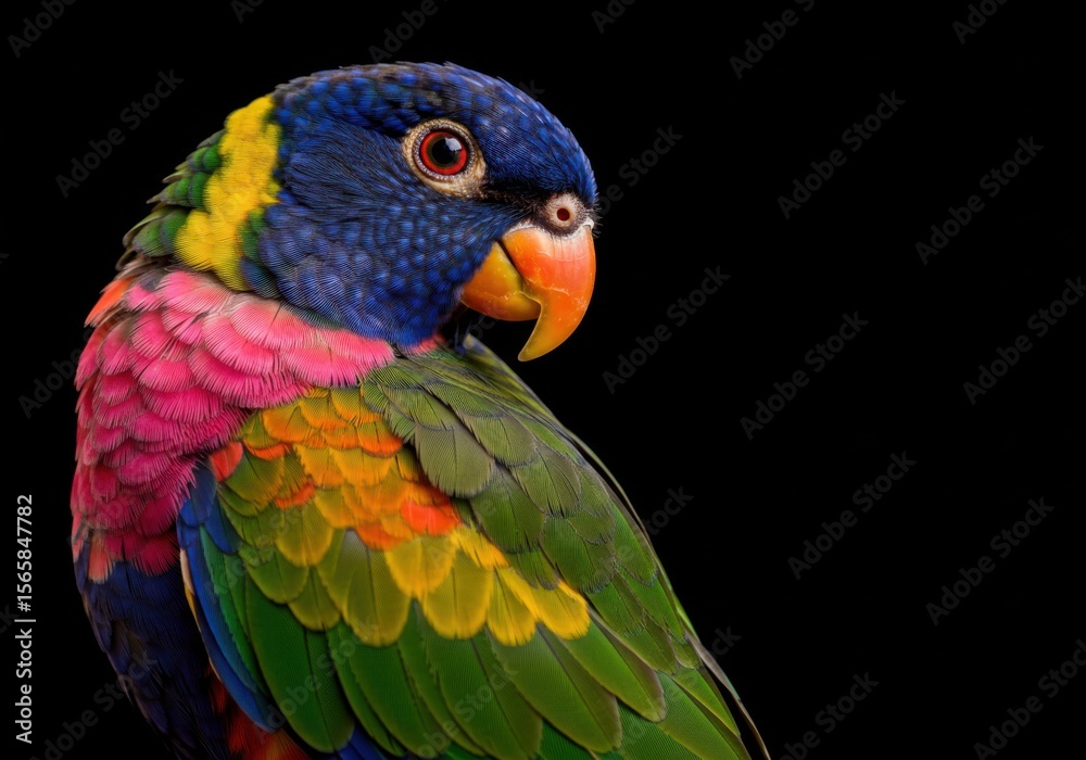 Fototapeta premium Vibrant rainbow lorikeet portrait with detailed feathers against a black background