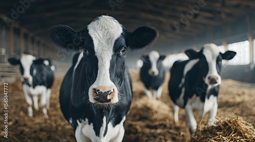 Black and white cows stand in a barn with hay on the floor.