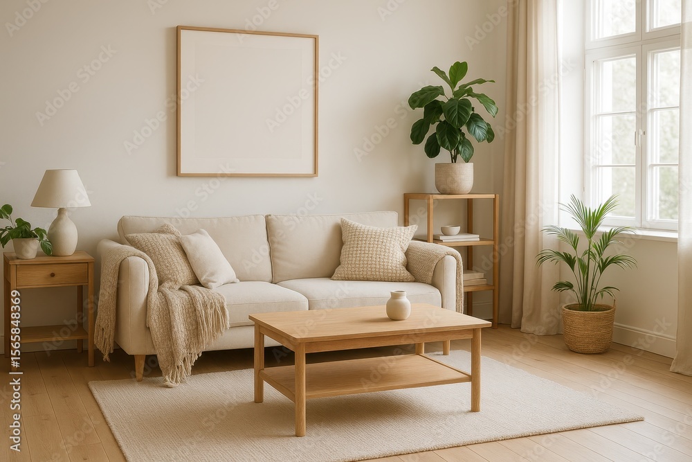 Fototapeta premium Scandinavian-inspired living room with natural wood furniture and cozy textiles on neutral color palette