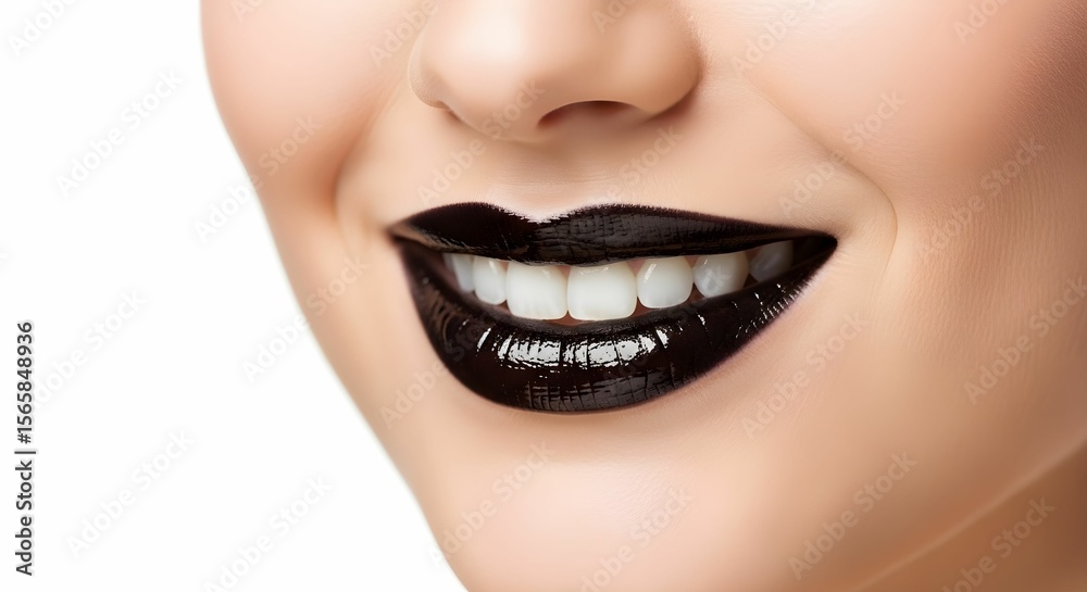Naklejka premium Close-up of a smiling woman with glossy black lipstick and perfect white teeth