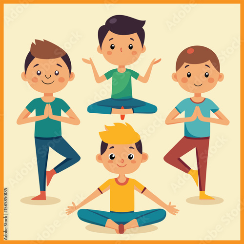Cartoon illustrations of boys practicing various yoga poses for health and wellness