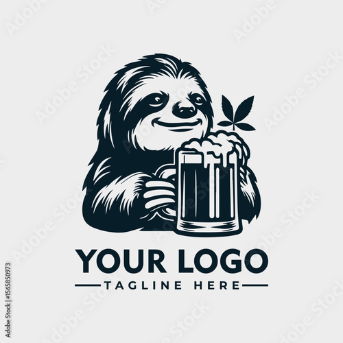A smiling sloth holding a beer mug, with a cannabis leaf, ready for a logo.