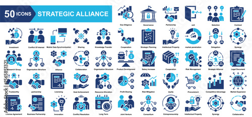 Strategic Alliance icon collection set.Due Diligence,Governance,Partnership,Selection,Contract,Investment,Conflict Of Interest.Simple vector illustration.