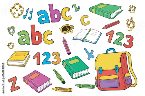 Back to School Colorful Illustration of Books, Backpack, Crayons, and Alphabet
