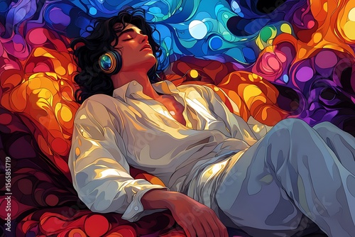 Vibrant Dreamscape A Man's Serene Musical Escape