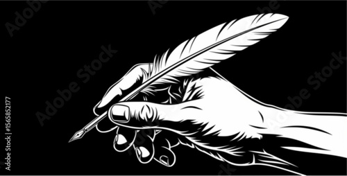 A hand delicately holds and guides a quill pen, poised for writing or drawing, against a stark black backdrop.