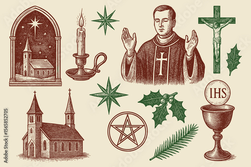 Evocative vintage illustration of sacred symbols and architectural elements for religious devotion