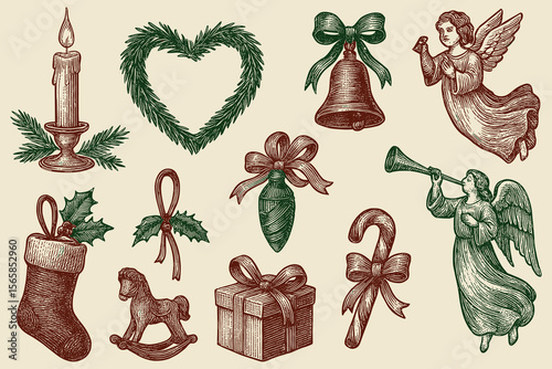 Delightful victorian christmas engravings featuring angels, ornaments, gifts and festive elements