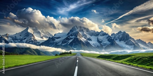 Asphalt road vanishing point towards majestic snow capped mountain range under a vibrant sunset sky
