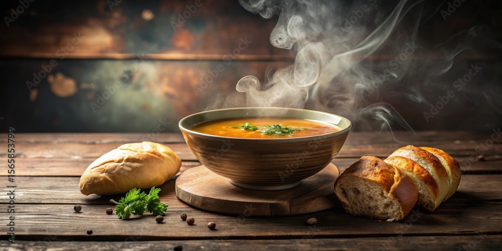 custom made wallpaper toronto digitalWarm and comforting bowl of steaming soup served with crusty bread rolls on rustic wooden table