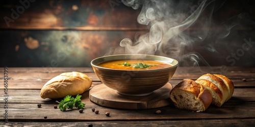 Warm and comforting bowl of steaming soup served with crusty bread rolls on rustic wooden table