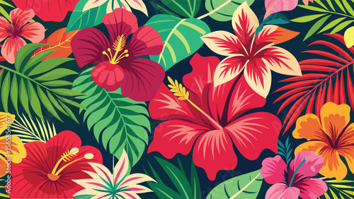 A vibrant tropical floral pattern design with large red hibiscus flowers as the main focal points