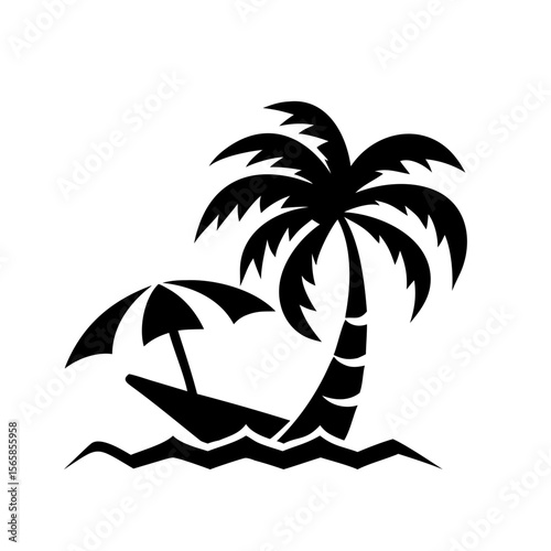 Black silhouette of a palm tree and beach umbrella