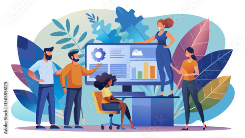 Team collaboration around a large computer screen view