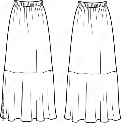 Boho style tiered long skirt with gathered hem and elastic waistband, front and back flat technical vector fashion drawing template
