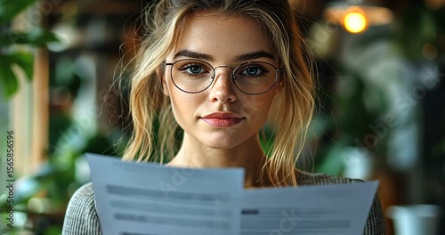 Young woman reading documents in a cozy caf? setting