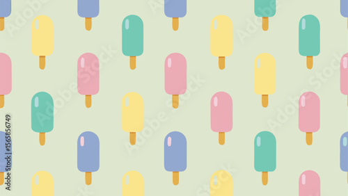 A seamless pattern of pastel-colored ice cream popsicles arranged in a repeating vertical layout against a light mint green background