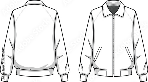 Bomber jacket vector flat sketch front and back view, fashion cad drawing, unisex style outerwear apparel design illustration