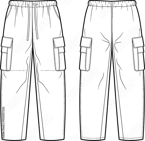 Cargo jogger pants technical flat sketch, vector illustration, elastic waistband, drawstring closure, front and back view, casual fashion template