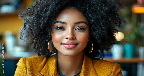 Young woman with curly hair in cozy caf? ambiance