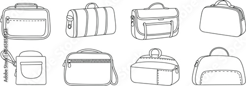 Collection of travel and messenger bag technical drawings, minimal vector outlines perfect for fashion accessories, luggage, satchel, and carry design