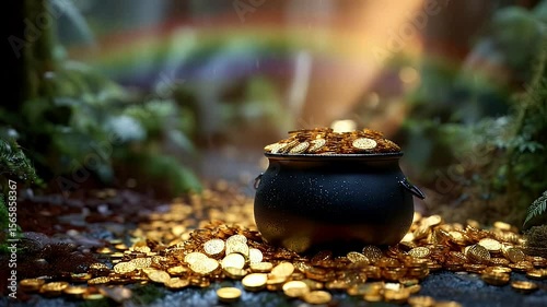 Wallpaper Mural A mystical pot overflowing with gold coins sits on a forest path under a vibrant rainbow backdrop Torontodigital.ca