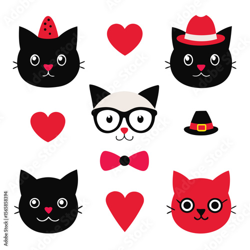 Collection of nine stylized cat faces in various colors and poses