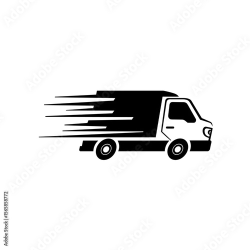 Black-and-white line art of a delivery truck speeding forward, emphasized by motion lines that suggest fast service and dynamic movement.