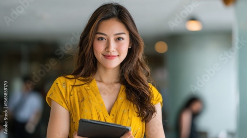 Happy Asian female entrepreneur in her late 20s/early 30s holding a tablet in a well-lit office. Warm smile, direct eye contact, business casual.