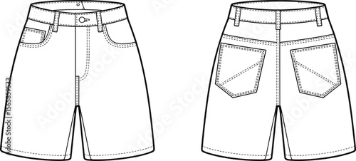 Denim shorts technical fashion sketch, front and back view, flat vector apparel drawing, stylish casual summer jean shorts template