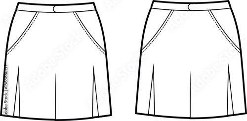 Fashion design technical sketch for women's pleated mini skirt with angled pockets, a must-have stylish and versatile apparel CAD drawing flat vector illustration
