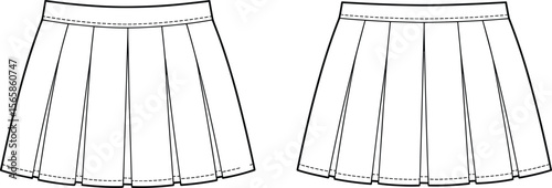 Fashion flat sketch of pleated mini skirts, front view, technical drawing, CAD vector, garment design template, outlined fashion illustration