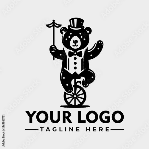 A bear wearing a top hat and bow tie rides a unicycle while holding a balancing pole.